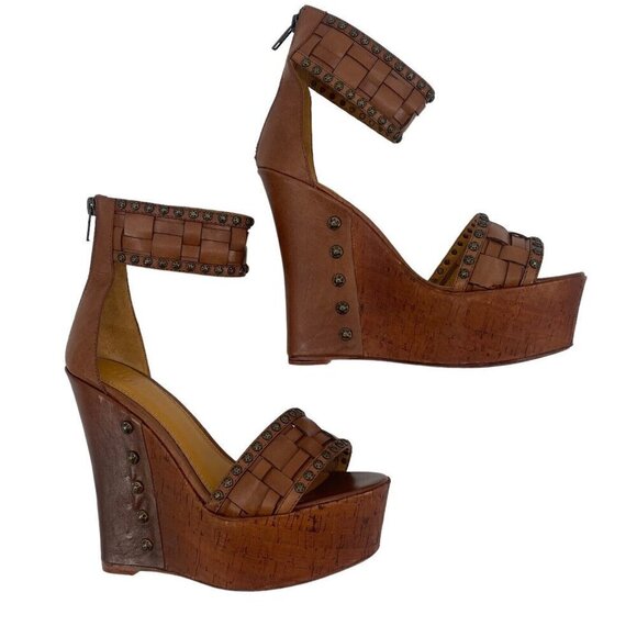 Eric Rutberg Sz 8 Transparent Metro Ankle Wrap Platform Wedge Brown Studded Boho - Picture 3 of 16